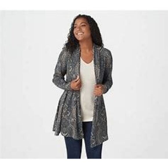 Susan Graver 3X Printed Ribbed Open Front Sweater Cardigan Green Paisley NWT - Picture 1 of 2